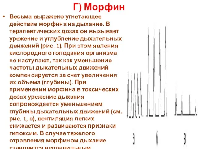 Г) Морфин Весьма выражено угнетающее действие морфина на дыхание. В терапевтических дозах