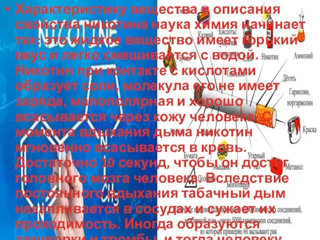 Характеристику вещества и описания свойства никотина наука химия начинает так: это жидкое