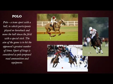 POLO Polo - a team sport with a ball, in which participants