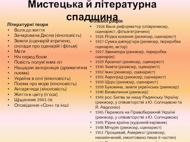 Мистецька й літературна спадщина Літературні твори Воля до життя Зачарована Десна (кіноповість)