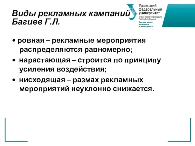 Виды рекламных кампаний Багиев Г.Л. • ровная – рекламные мероприятия распределяются равномерно;