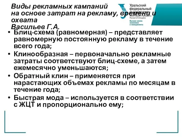 Виды рекламных кампаний на основе затрат на рекламу, времени и охвата Васильев