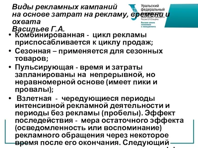 Виды рекламных кампаний на основе затрат на рекламу, времени и охвата Васильев