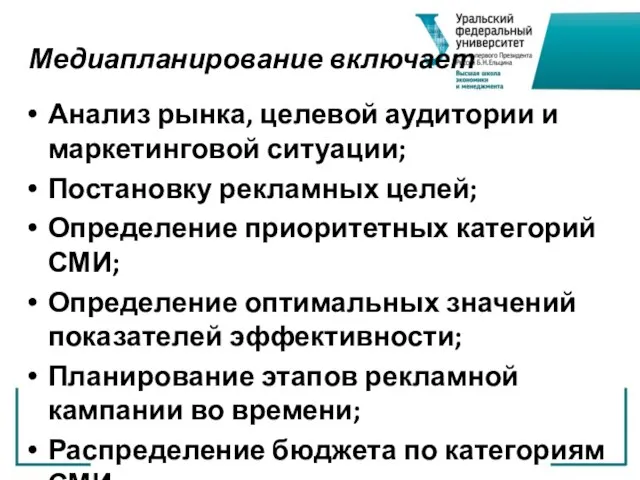 Медиапланирование включает Анализ рынка, целевой аудитории и маркетинговой ситуации; Постановку рекламных целей;