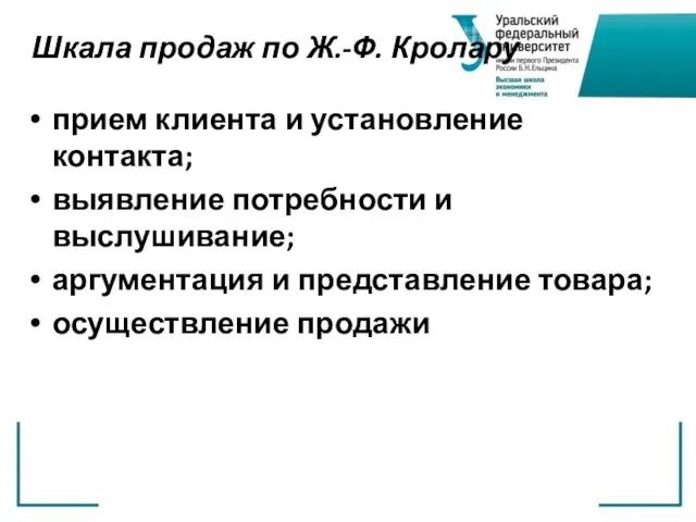 Шкала продаж по Ж.-Ф. Кролару прием клиента и установление контакта; выявление потребности