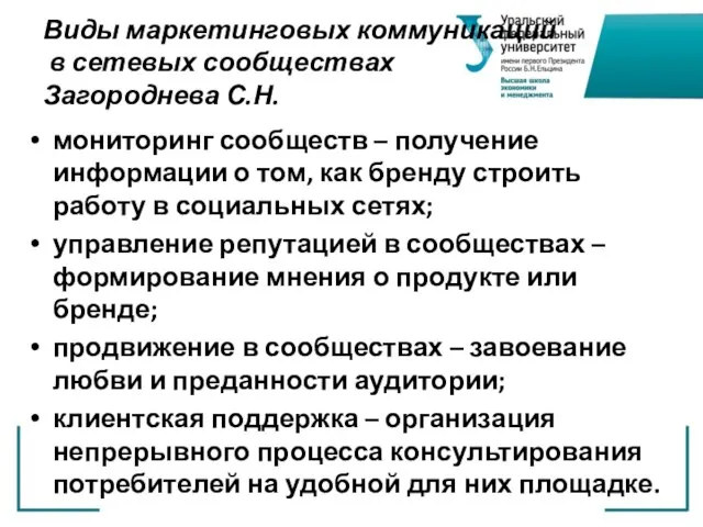 Виды маркетинговых коммуникаций в сетевых сообществах Загороднева С.Н. мониторинг сообществ – получение