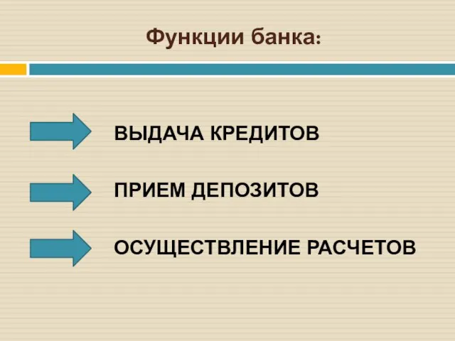 Функции банка: ВЫДАЧА КРЕДИТОВ ПРИЕМ ДЕПОЗИТОВ ОСУЩЕСТВЛЕНИЕ РАСЧЕТОВ