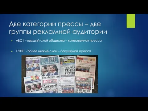 Две категории прессы – две группы рекламной аудитории ABC1 – высший слой