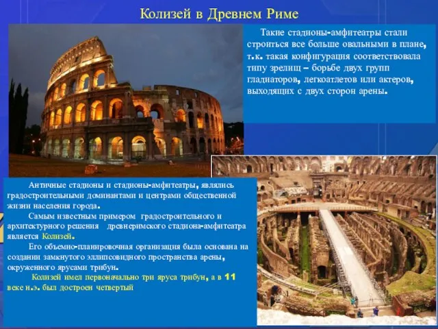 Колизей в Древнем Риме Такие стадионы-амфитеатры стали строиться все больше овальными в