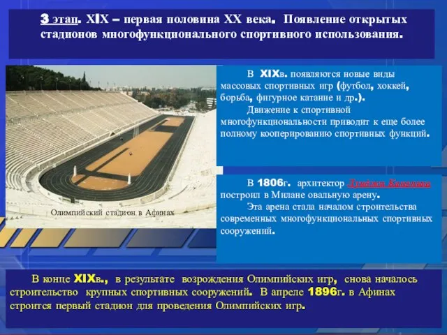 3 этап. ХIХ – первая половина ХХ века. Появление открытых стадионов многофункционального