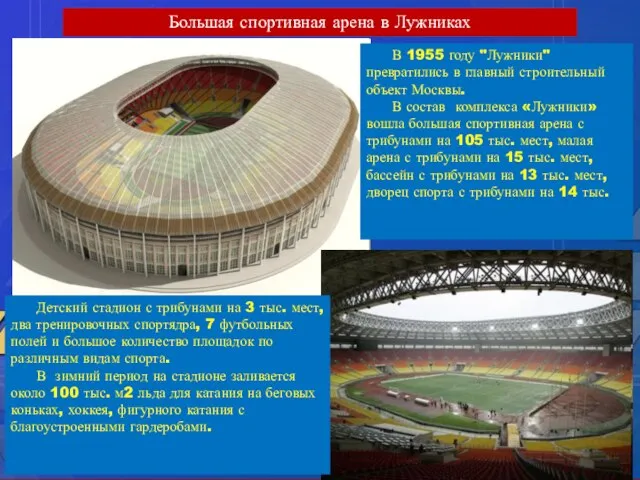 Большая спортивная арена в Лужниках В 1955 году "Лужники" превратились в главный