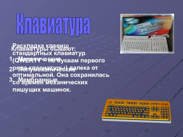 Клавиатура Раскладка клавиш стандартных клавиатур (QWERTY – по буквам первого ряда клавиатуры)