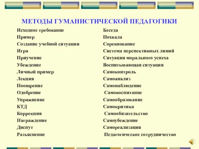 МЕТОДЫ ГУМАНИСТИЧЕСКОЙ ПЕДАГОГИКИ Исходное требование Пример Создание учебной ситуации Игра Приучение Убеждение