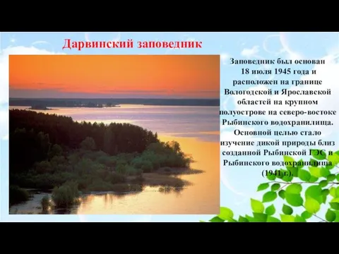 Дарвинский заповедник Заповедник был основан 18 июля 1945 года и расположен на