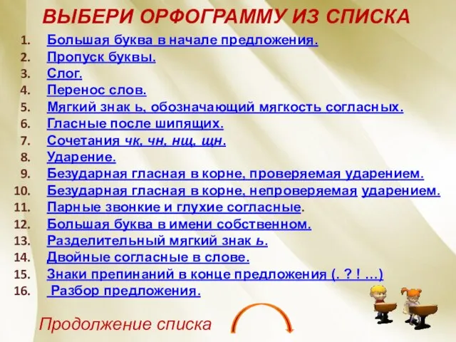 Большая буква в начале предложения. Пропуск буквы. Слог. Перенос слов. Мягкий знак