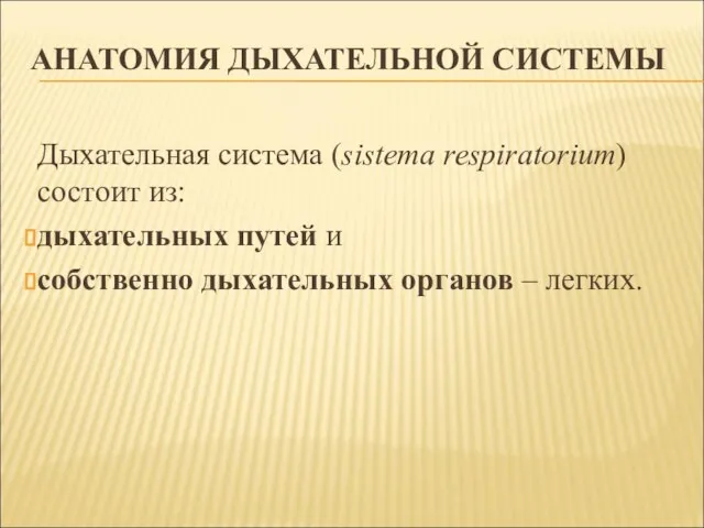 АНАТОМИЯ ДЫХАТЕЛЬНОЙ СИСТЕМЫ Дыхательная система (sistema respiratorium) состоит из: дыхательных путей и