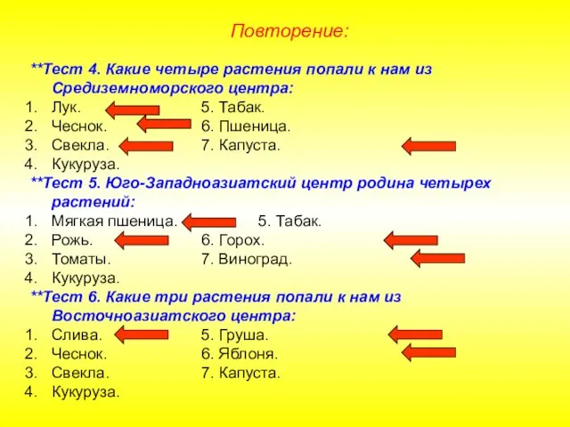 Повторение: **Тест 4. Какие четыре растения попали к нам из Средиземноморского центра: