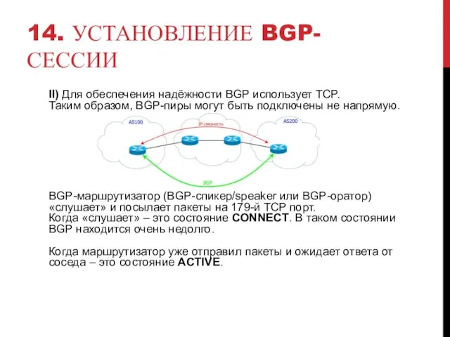 14. УСТАНОВЛЕНИЕ BGP-СЕССИИ II) Для обеспечения надёжности BGP использует TCP. Таким образом,