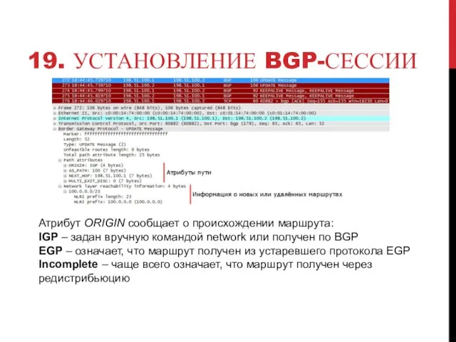 19. УСТАНОВЛЕНИЕ BGP-СЕССИИ Атрибут ORIGIN сообщает о происхождении маршрута: IGP – задан