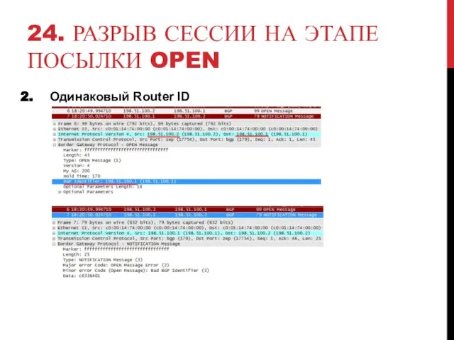 24. РАЗРЫВ СЕССИИ НА ЭТАПЕ ПОСЫЛКИ OPEN Одинаковый Router ID