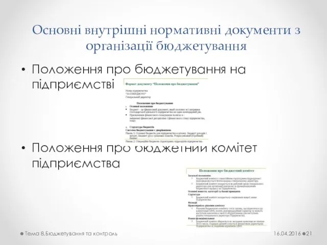 Основні внутрішні нормативні документи з організації бюджетування Положення про бюджетування на підприємстві