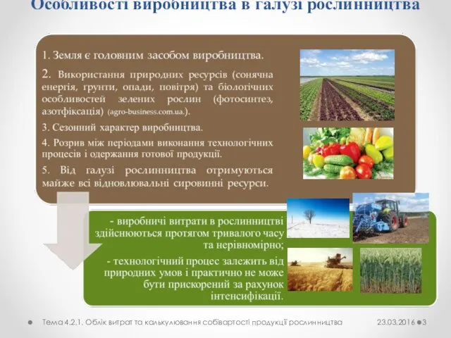 Особливості виробництва в галузі рослинництва Тема 4.2.1. Облік витрат та калькулювання собівартості продукції рослинництва 23.03.2016