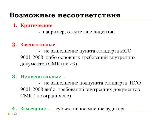 Возможные несоответствия Критические - например, отсутствие лицензии Значительные - не выполнение пункта