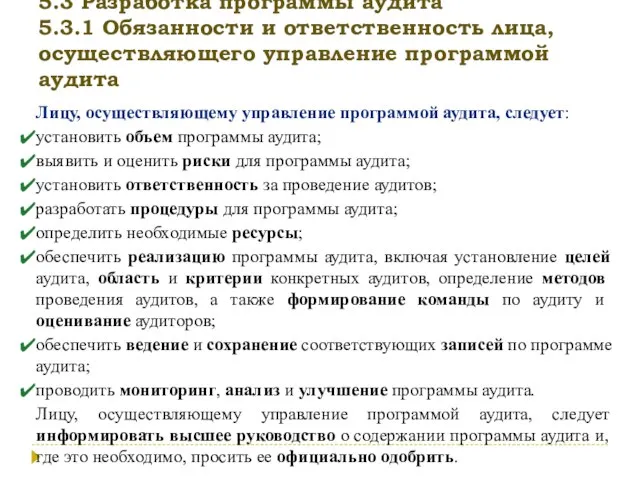 5.3 Разработка программы аудита 5.3.1 Обязанности и ответственность лица, осуществляющего управление программой