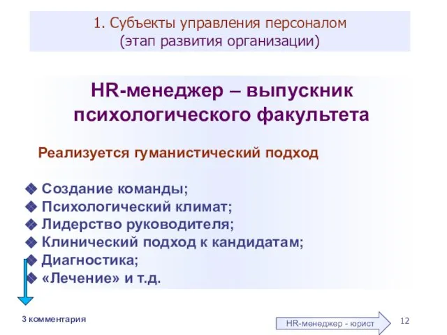 1. Субъекты управления персоналом (этап развития организации) HR-менеджер – выпускник психологического факультета