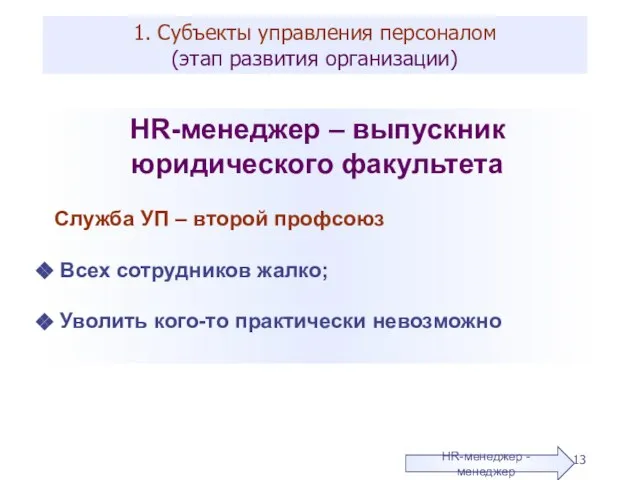 1. Субъекты управления персоналом (этап развития организации) HR-менеджер – выпускник юридического факультета