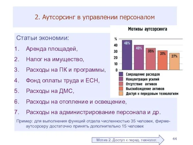 2. Аутсорсинг в управлении персоналом Мотив 2. Доступ к перед. технолог. Статьи