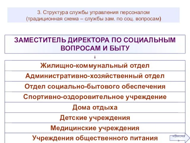 3. Структура службы управления персоналом (традиционная схема – службы зам. по соц. вопросам) «Весна»