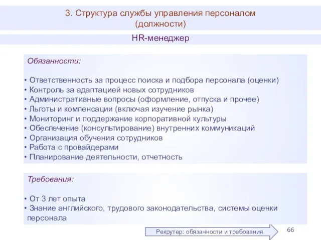 3. Структура службы управления персоналом (должности) Рекрутер: обязанности и требования HR-менеджер Обязанности: