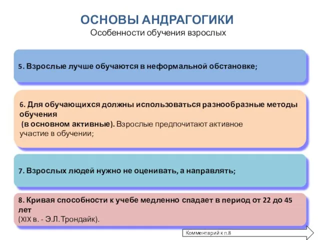 ОСНОВЫ АНДРАГОГИКИ Особенности обучения взрослых 5. Взрослые лучше обучаются в неформальной обстановке;