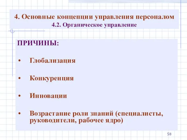 4. Основные концепции управления персоналом 4.2. Органическое управление ПРИЧИНЫ: Глобализация Конкуренция Инновации