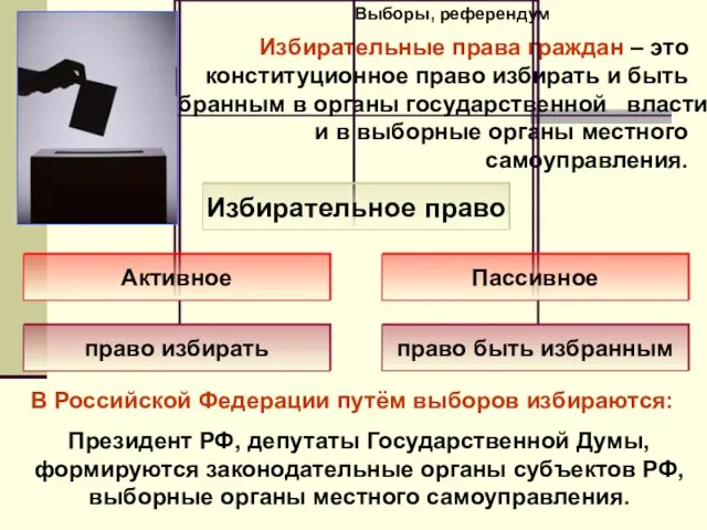 Выборы, референдум Избирательные права граждан – это конституционное право избирать и быть