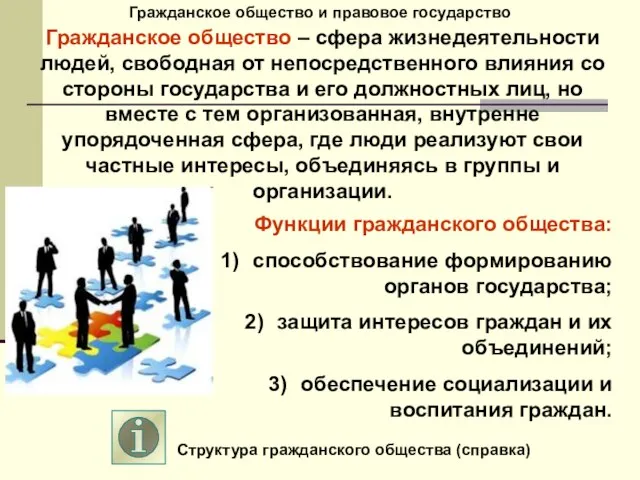 Гражданское общество и правовое государство Гражданское общество – сфера жизнедеятельности людей, свободная