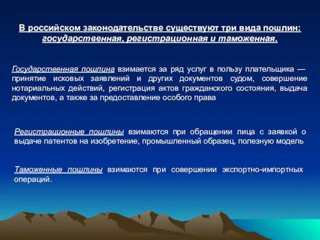 В российском законодательстве существуют три вида пошлин: государственная, регистрационная и таможенная. Государственная