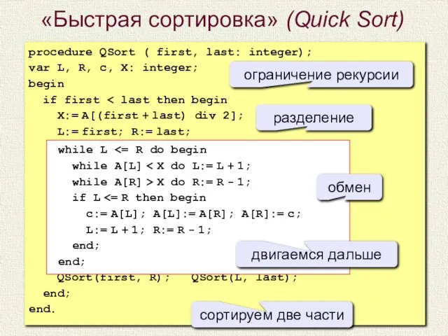 «Быстрая сортировка» (Quick Sort) procedure QSort ( first, last: integer); var L,
