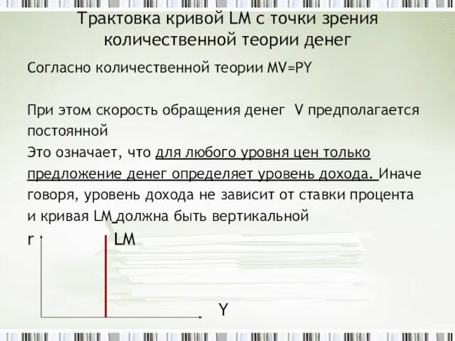 Трактовка кривой LM с точки зрения количественной теории денег Согласно количественной теории