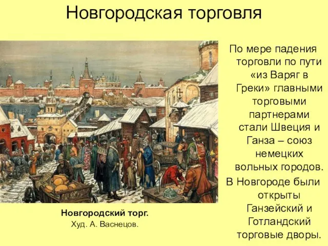 Новгородская торговля По мере падения торговли по пути «из Варяг в Греки»