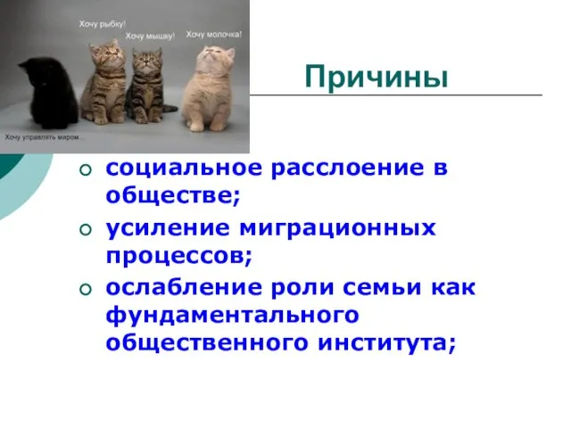 Причины социальное расслоение в обществе; усиление миграционных процессов; ослабление роли семьи как фундаментального общественного института;