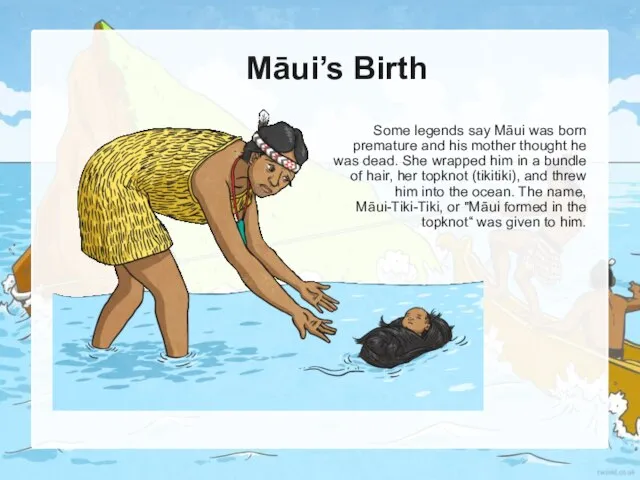 Māui’s Birth Some legends say Māui was born premature and his mother