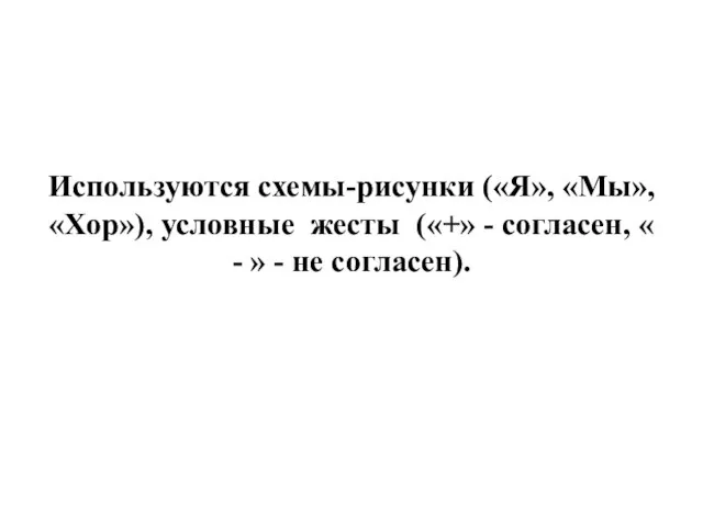 Используются схемы-рисунки («Я», «Мы», «Хор»), условные жесты («+» - согласен, « - » - не согласен).