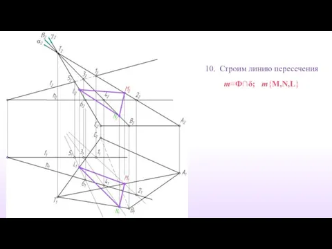 10. Строим линию пересечения m≡Ф∩δ; m{M,N,L}