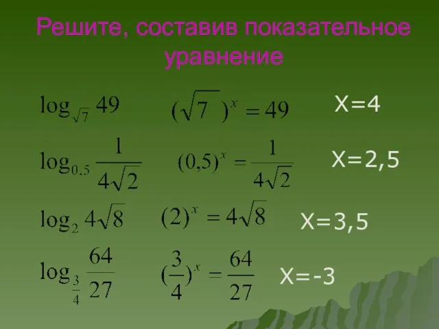 Решите, составив показательное уравнение Х=4 Х=2,5 Х=3,5 Х=-3