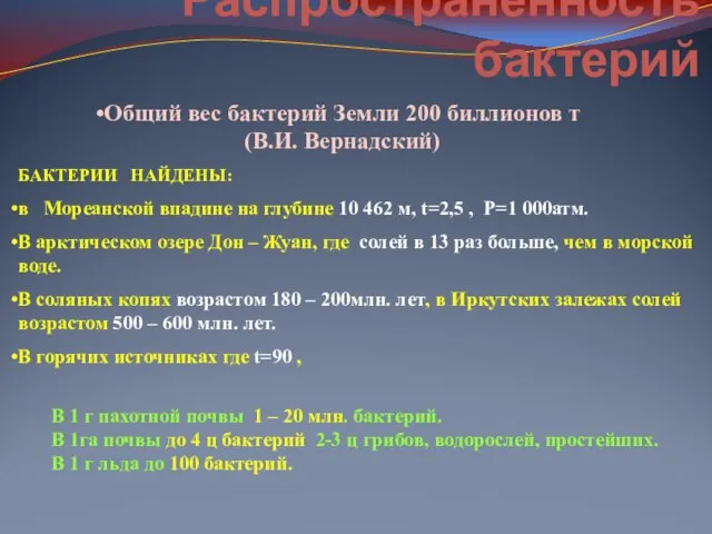 Распространённость бактерий Общий вес бактерий Земли 200 биллионов т (В.И. Вернадский) БАКТЕРИИ