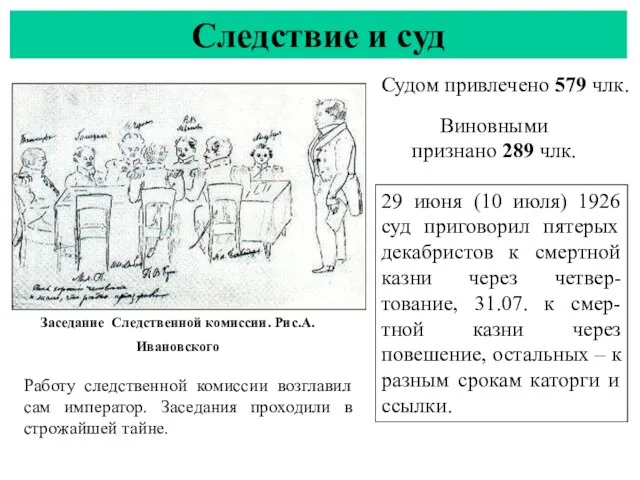 Следствие и суд Судом привлечено 579 члк. Работу следственной комиссии возглавил сам