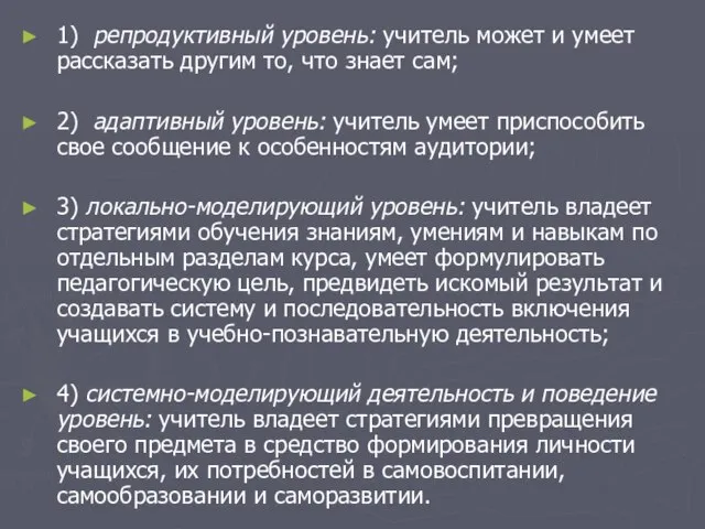 1) репродуктивный уровень: учитель может и умеет рассказать другим то, что знает