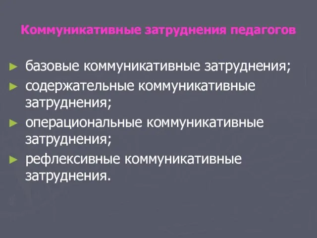 Коммуникативные затруднения педагогов базовые коммуникативные затруднения; содержательные коммуникативные затруднения; операциональные коммуникативные затруднения; рефлексивные коммуникативные затруднения.